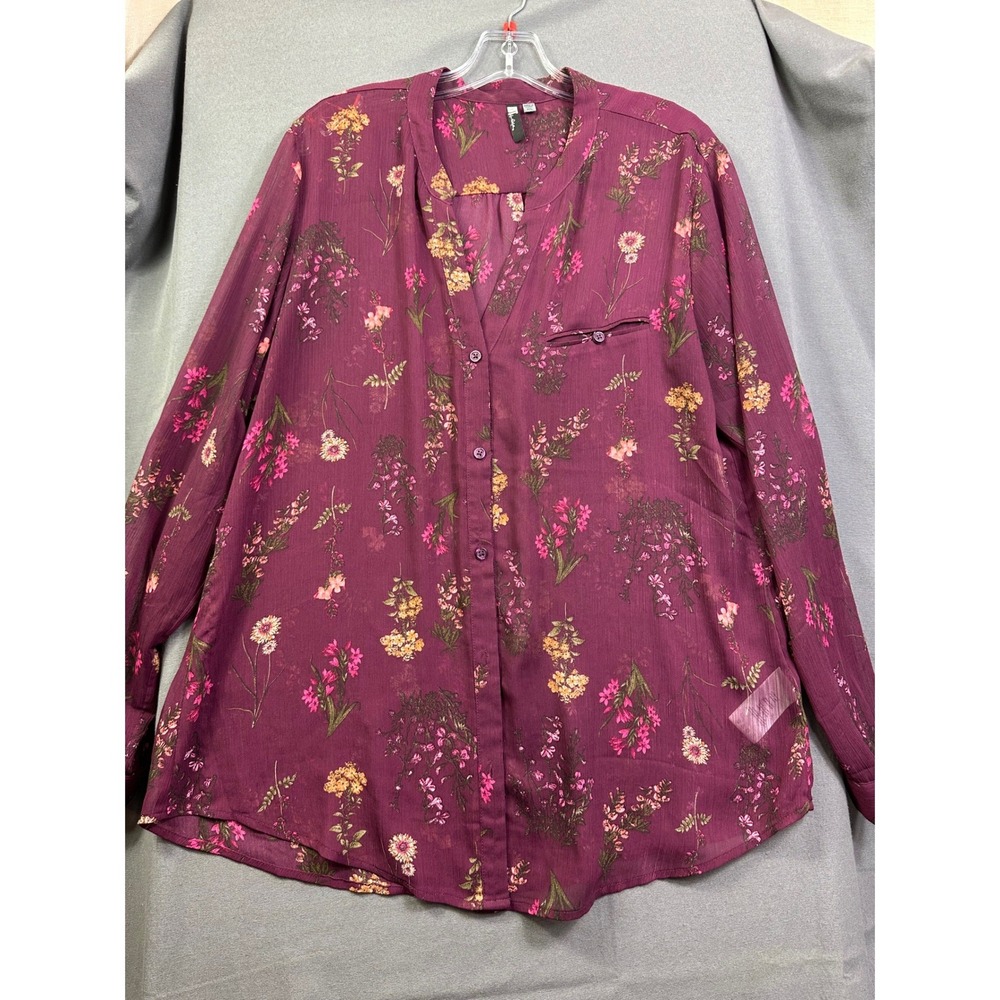 Kut from The Kloth Women Burgundy Floral Chiffon Long Sleeve Blouse Top size XXL